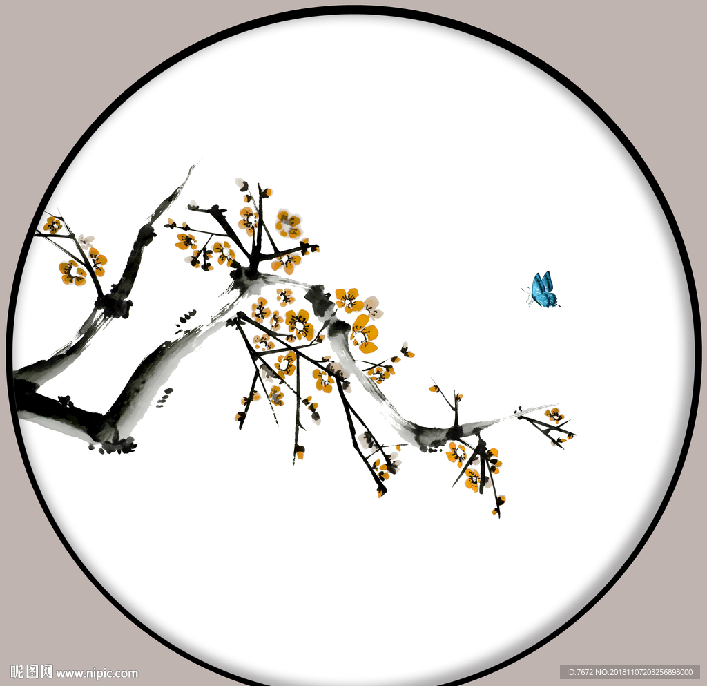 手绘工笔画梅花蝴蝶装饰画