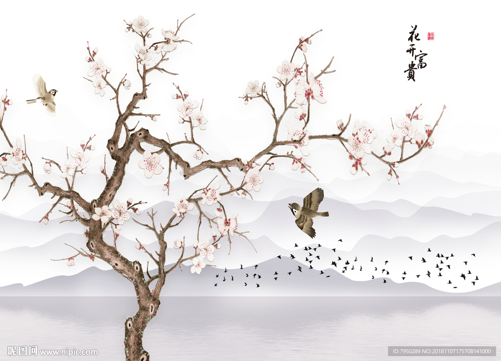 新中式水墨花鸟背景墙