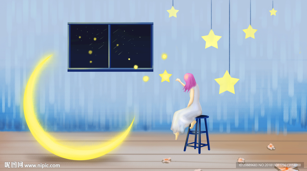 月亮 插画 黑夜 星空 意境
