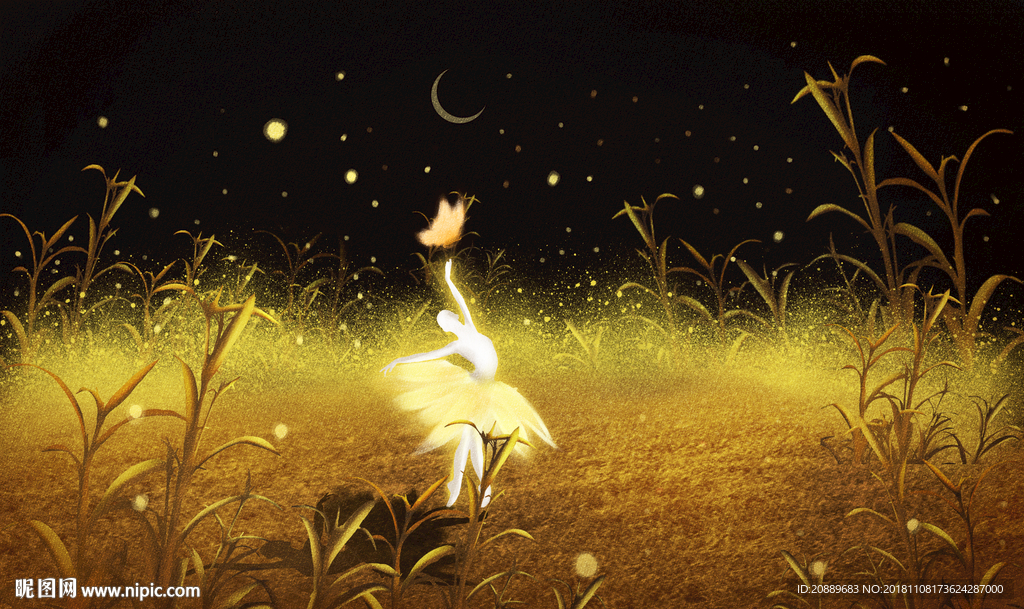 月亮 插画 黑夜 星空 意境