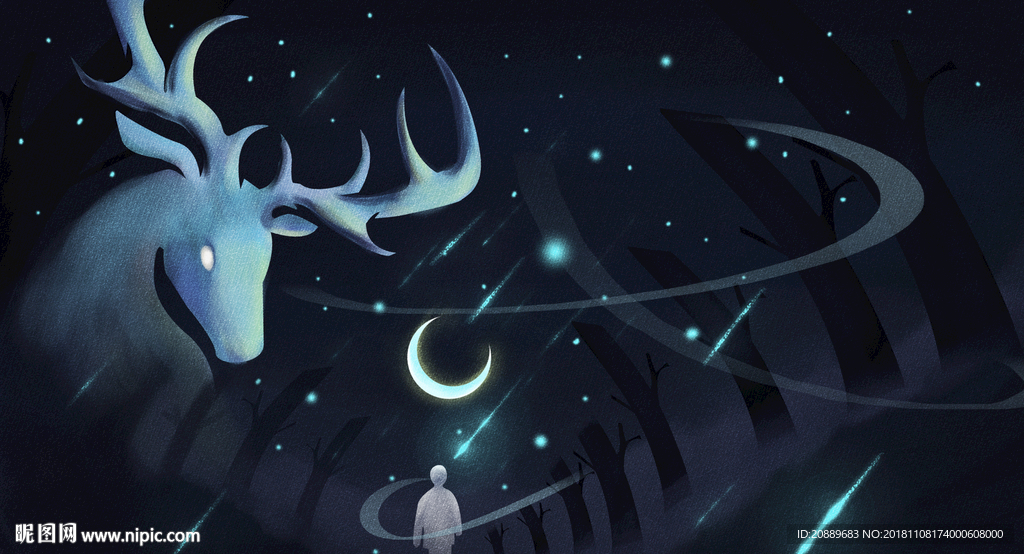 月亮 插画 黑夜 星空 意境
