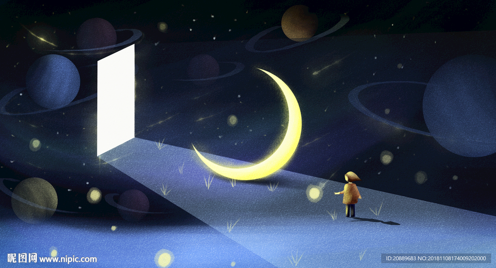 月亮 插画 黑夜 星空 意境