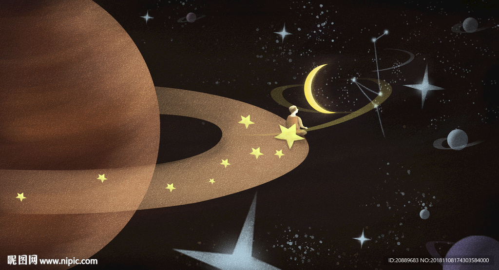 月亮 插画 黑夜 星空 意境