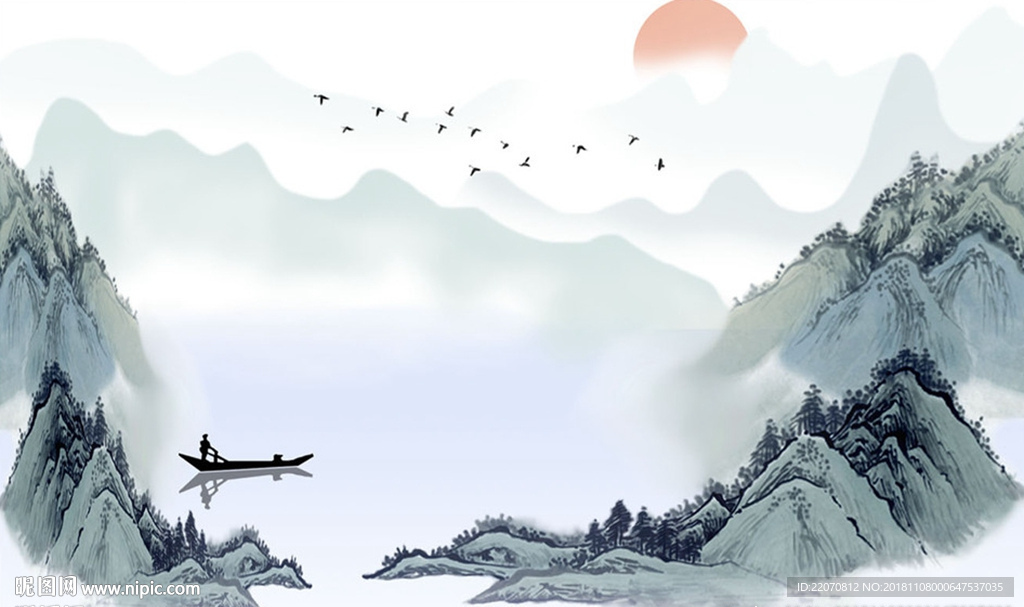 中式山水白鹤飞去背景墙