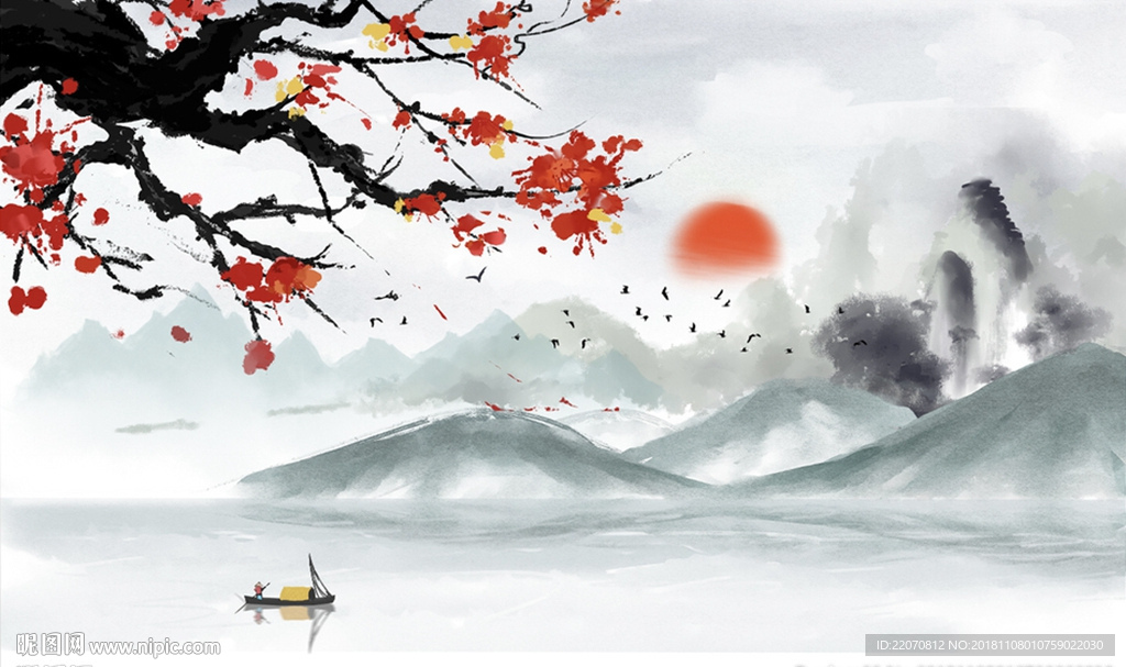 中式大气梅花山水背景墙