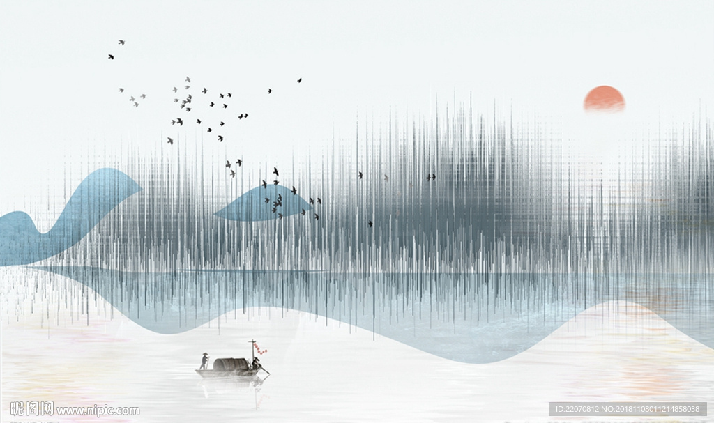 中式蓝色意境清山水飞鸟背景墙