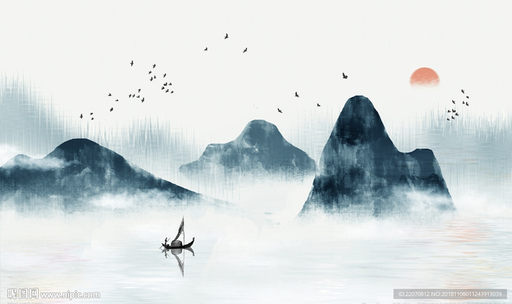 中式蓝色意境清山水飞鸟背景墙