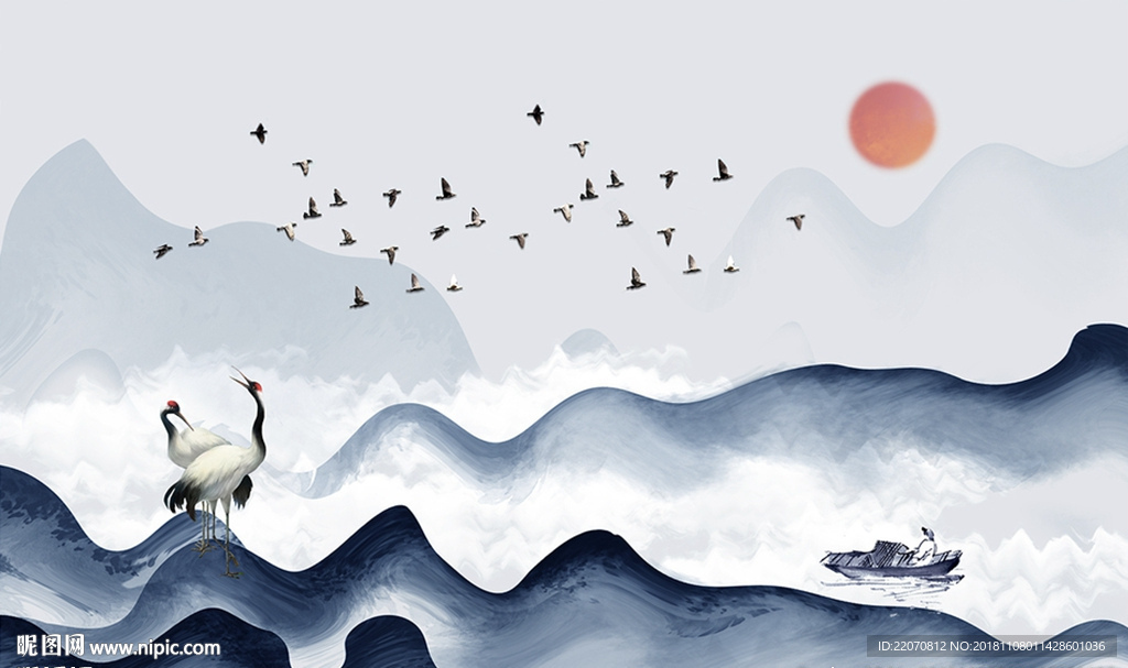 中式蓝色波纹山峦仙鹤背景墙