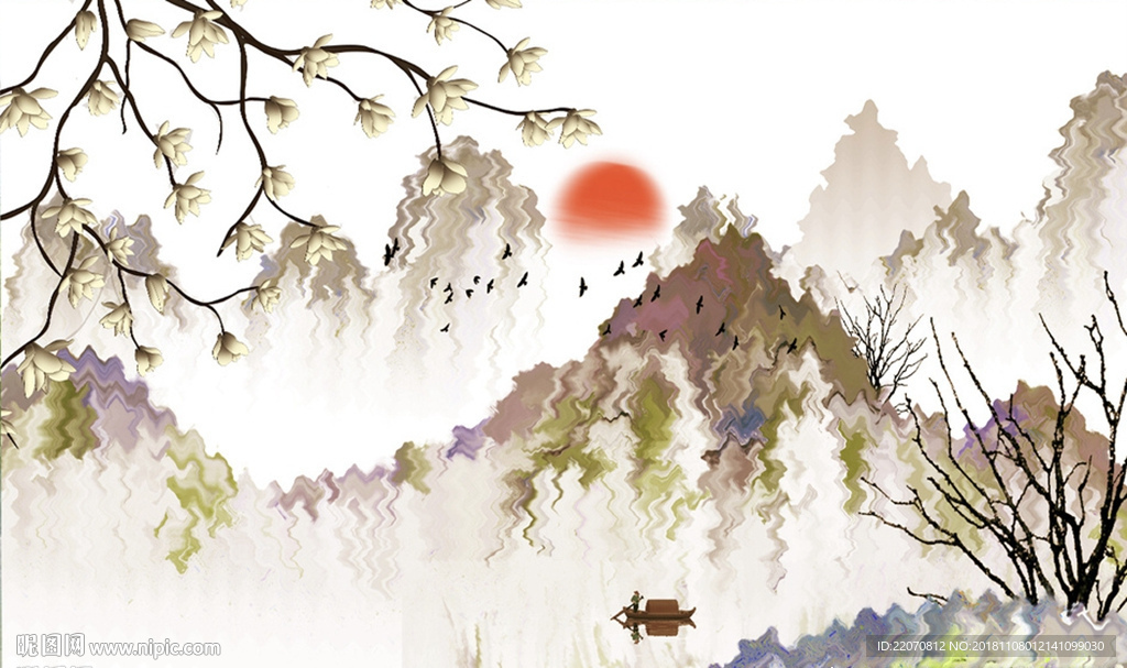 中式花枝意境山水背景墙