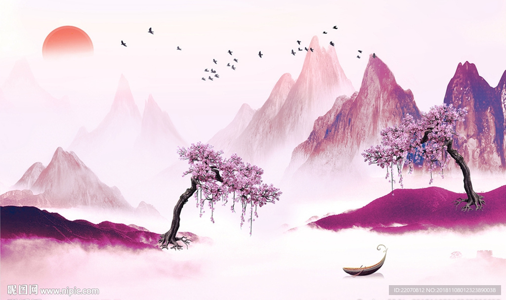 中式粉色意境山水背景墙