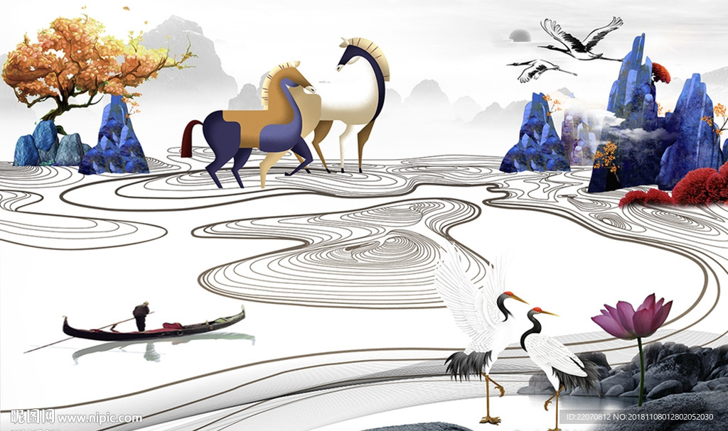 水墨山水画马儿白鹤背景墙