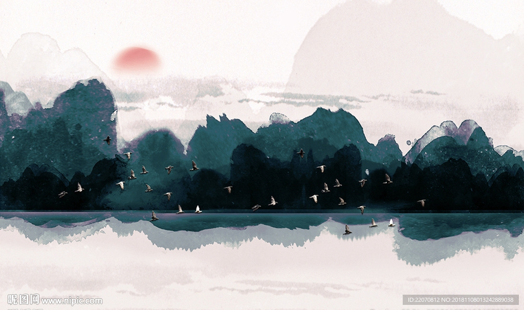 中式创意蓝色山峦飞鸟背景墙