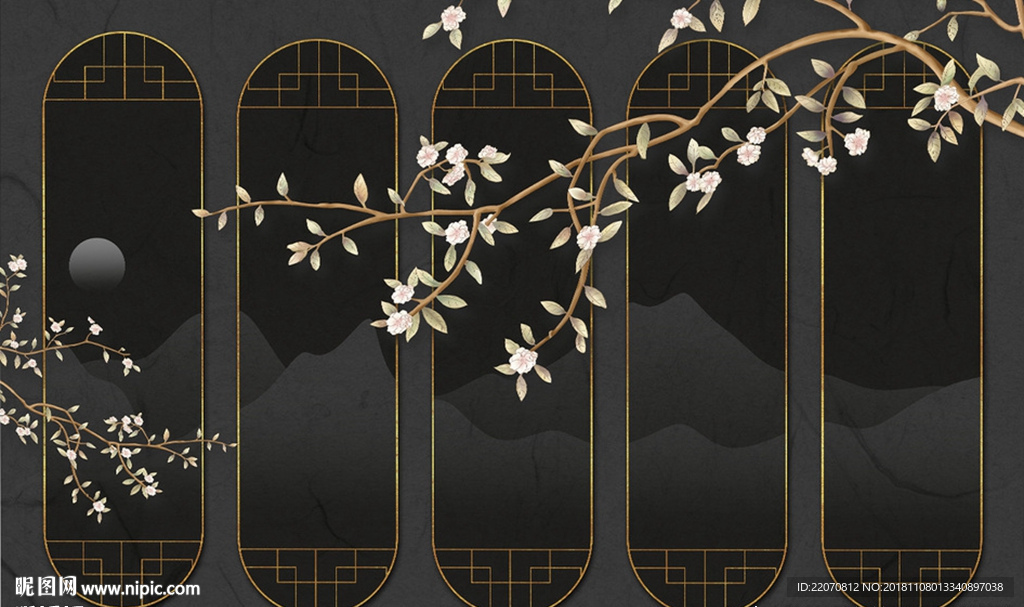 中式创意花卉山水背景墙