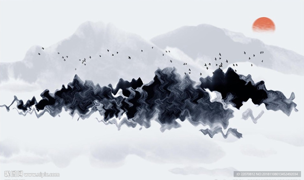 中式创意波纹山峦飞鸟背景墙