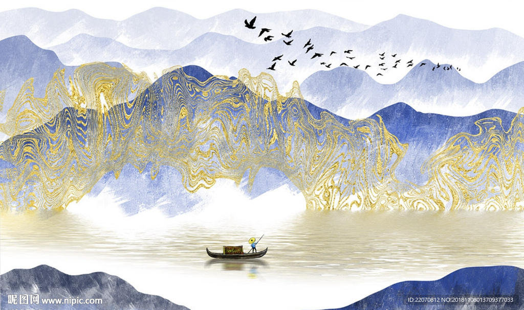 中式抽象线条山水画金色背景墙