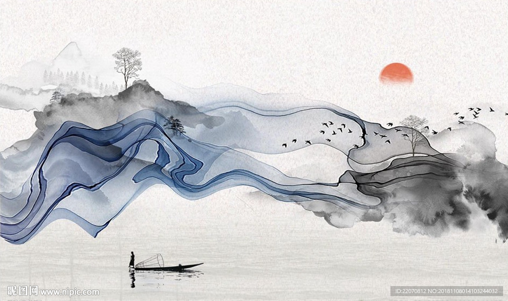 抽象山水线条水波小舟飞鸟背景墙