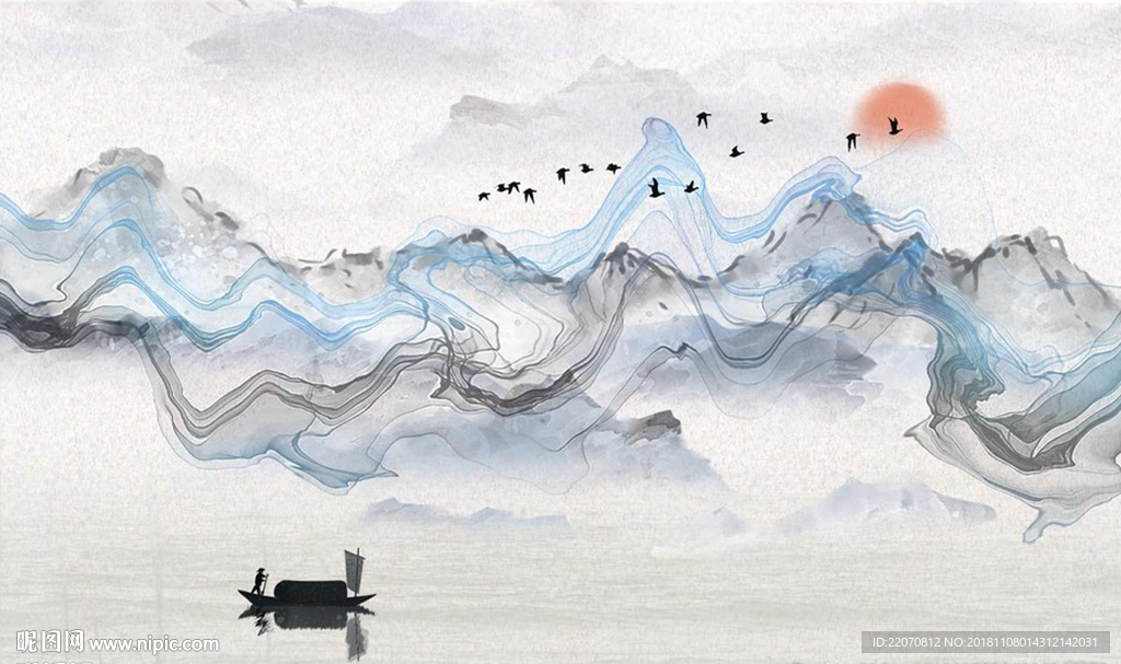 水墨线条飞鸟小舟背景墙