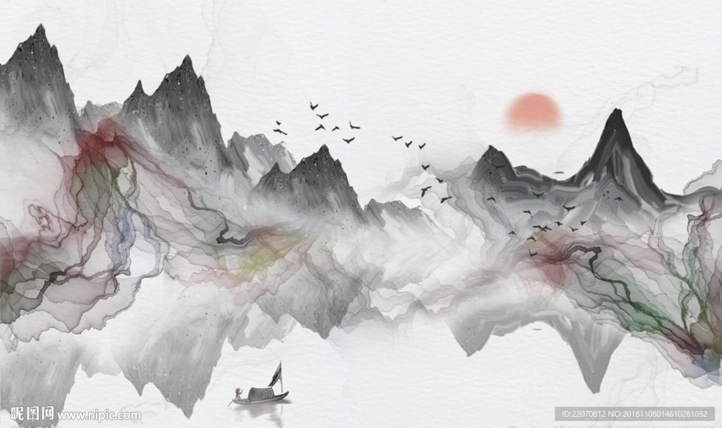 中式抽象山水飞鸟小舟背景墙