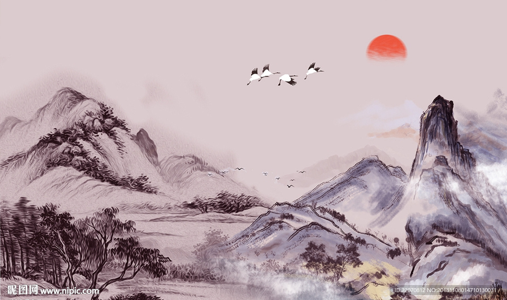 中式白鹤山水背景墙