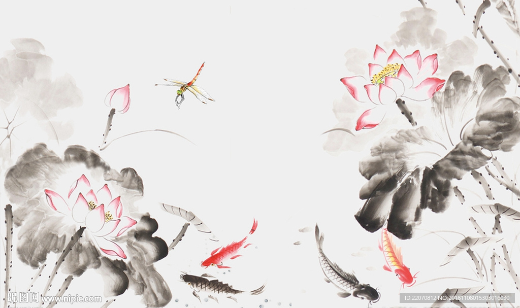 中国风水墨手绘荷韵鲤鱼背景墙