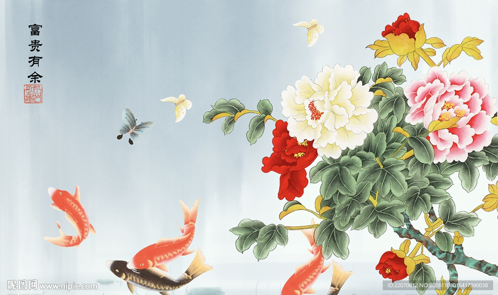 水墨工笔画花鸟牡丹花开背景墙