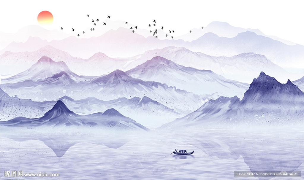水墨飞鸟山水风景背景墙