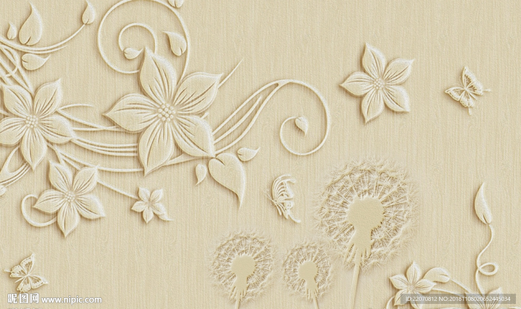 浮雕花卉蒲公英蝴蝶背景墙