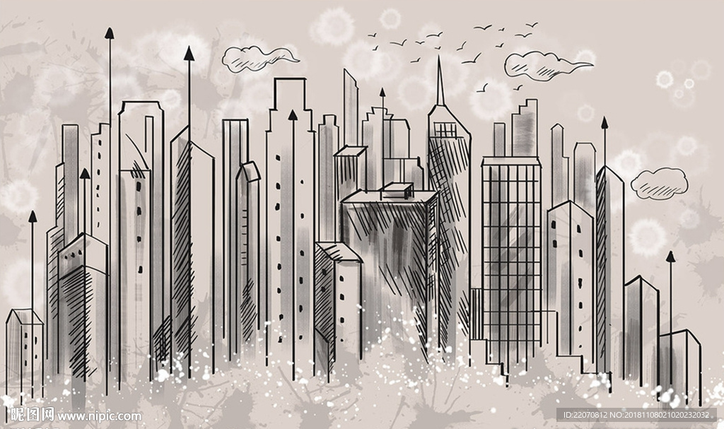 现代手绘抽象城市背景墙