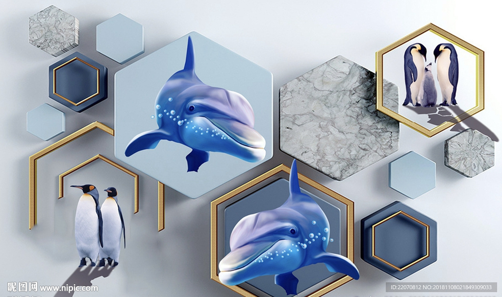 现代海豚企鹅背景墙