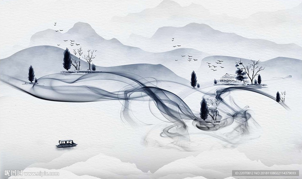 现代抽象烟丝水墨山水背景墙