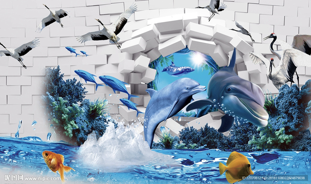 现代3D海豚白鹤背景墙