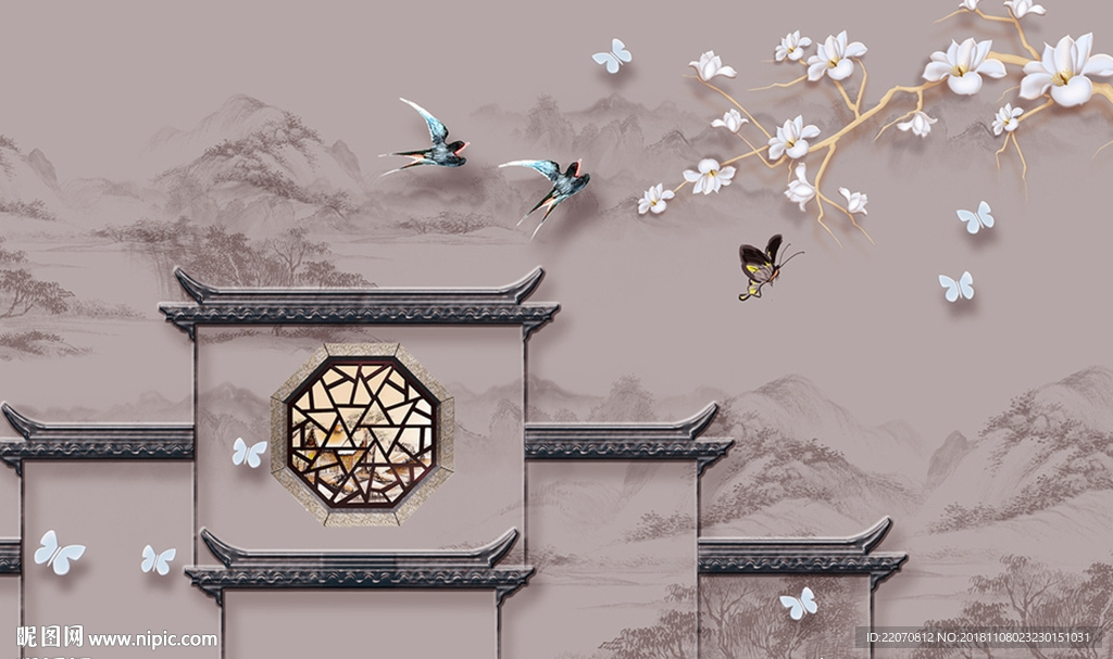 江南水乡玉兰花背景墙