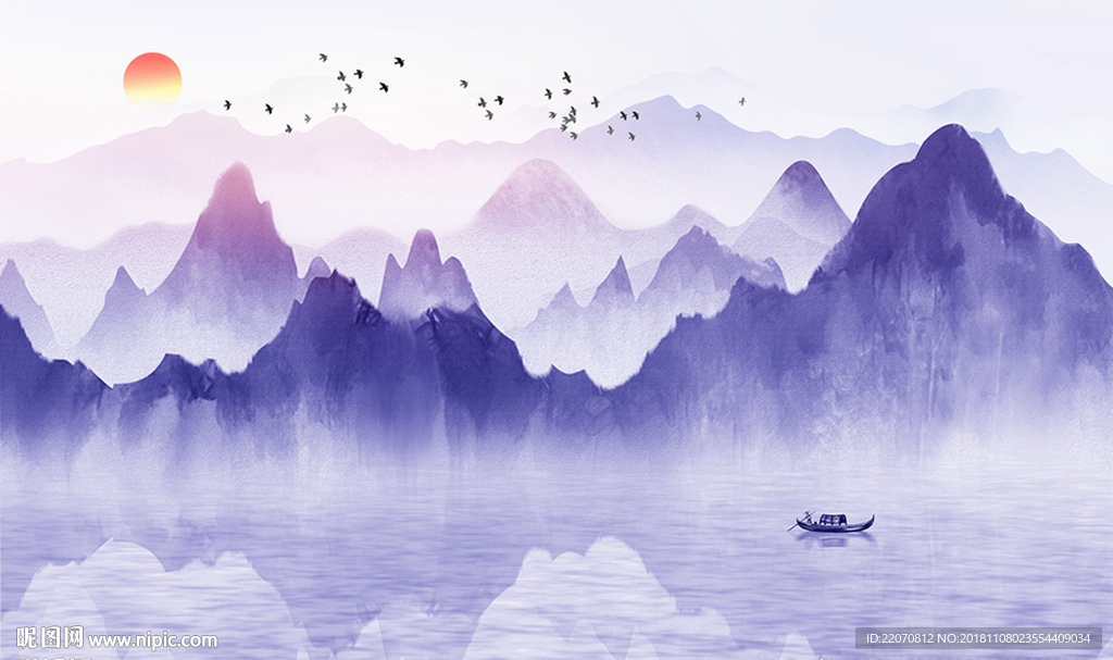 水墨唯美意境山水风景背景墙