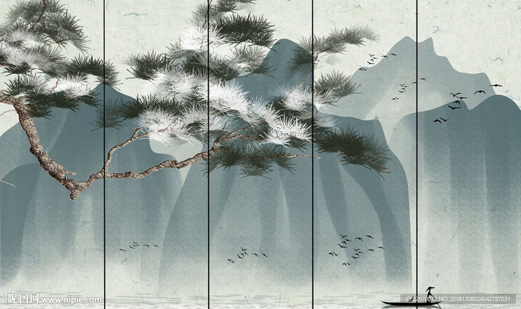 手绘中式松树山水背景墙