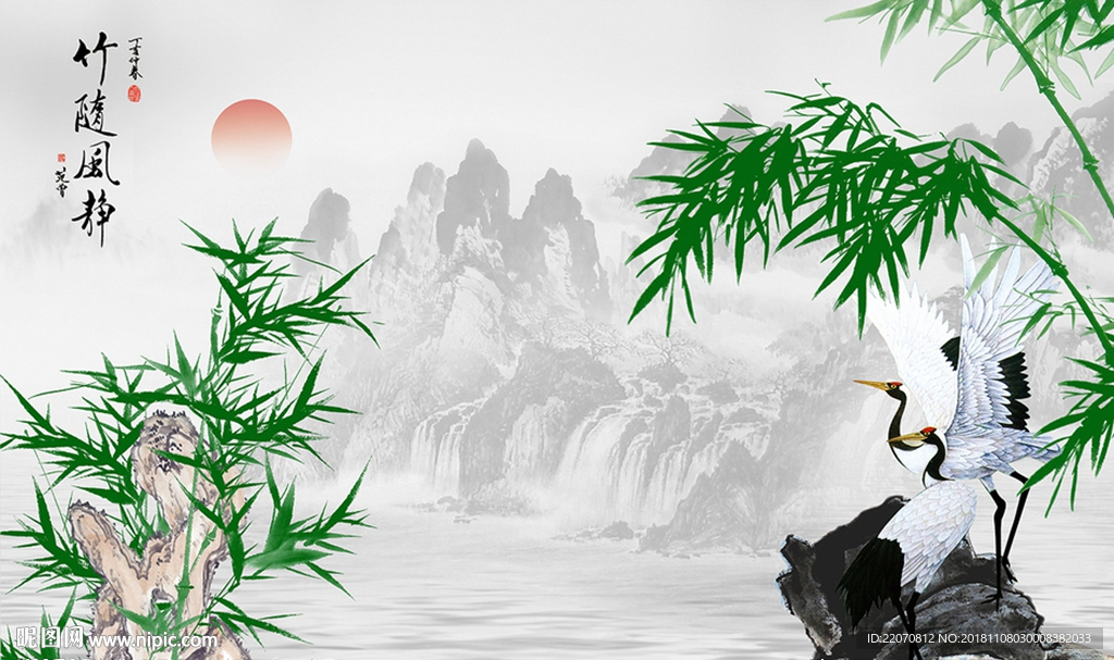 白鹤竹子风景背景墙