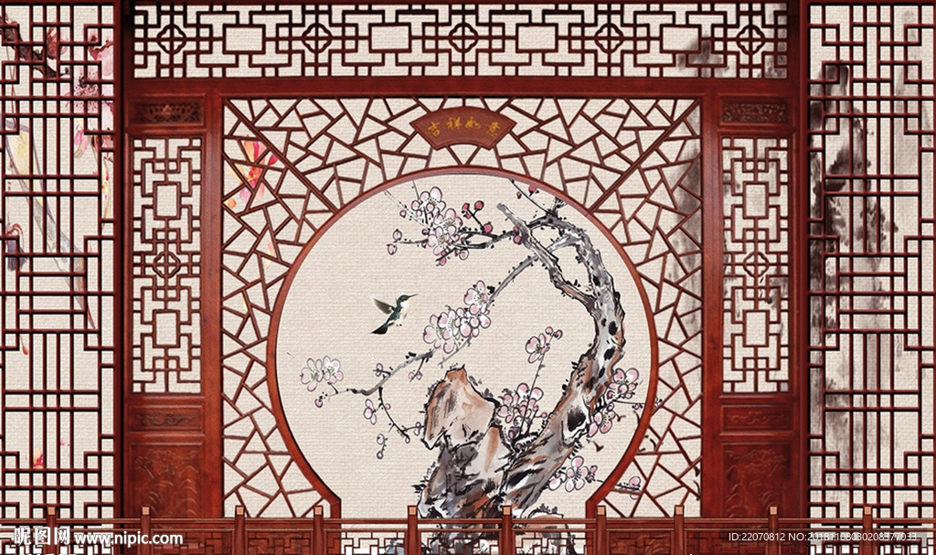 复古中式古典花鸟背景墙