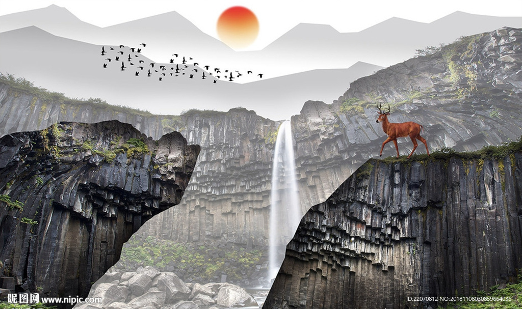 北欧山峰瀑布麋鹿风景画背景墙