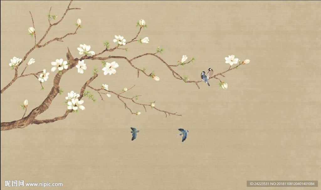 工笔画玉兰花鸟新中式花鸟壁纸