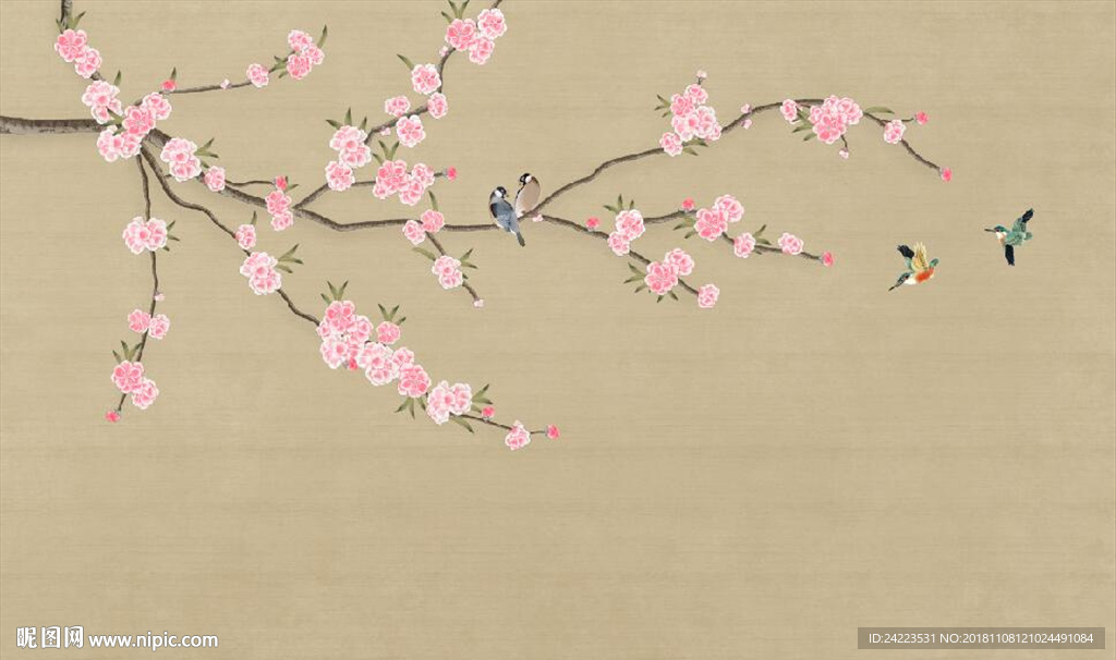 工笔画桃花鸟新中式花鸟壁纸