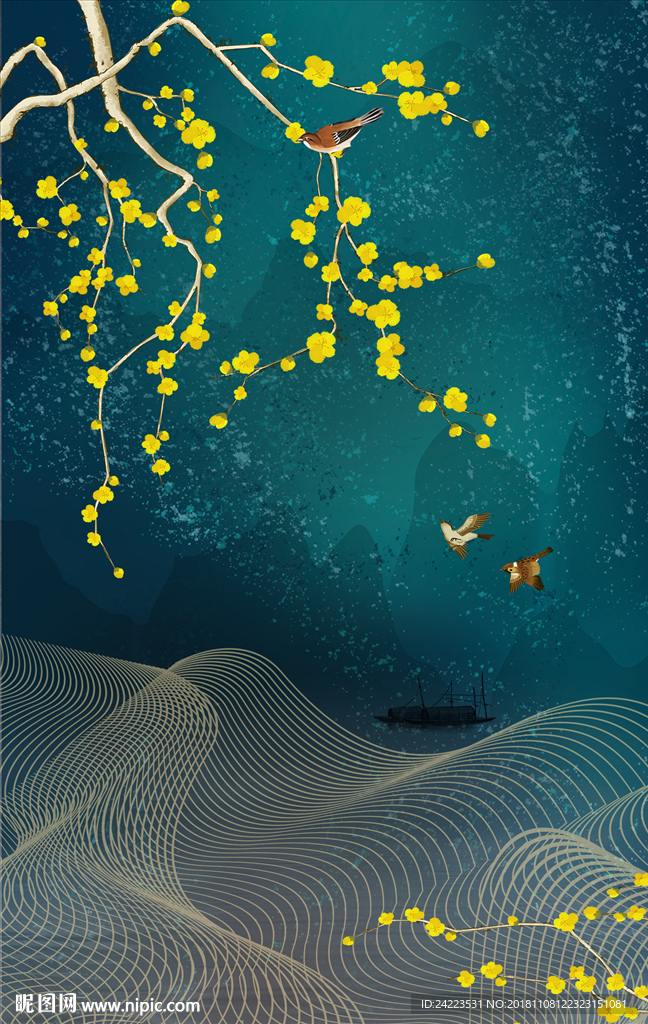 新中式梅花金梅金丝小鸟晶瓷画