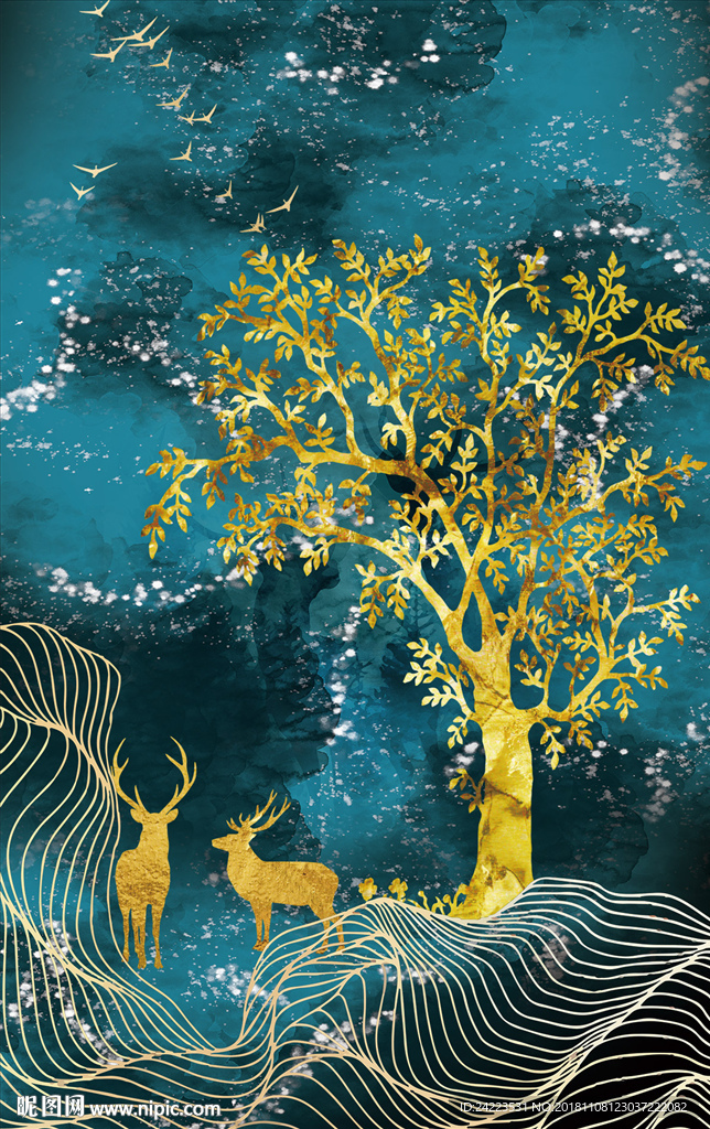 现代简约森林风景小鹿金色晶瓷画