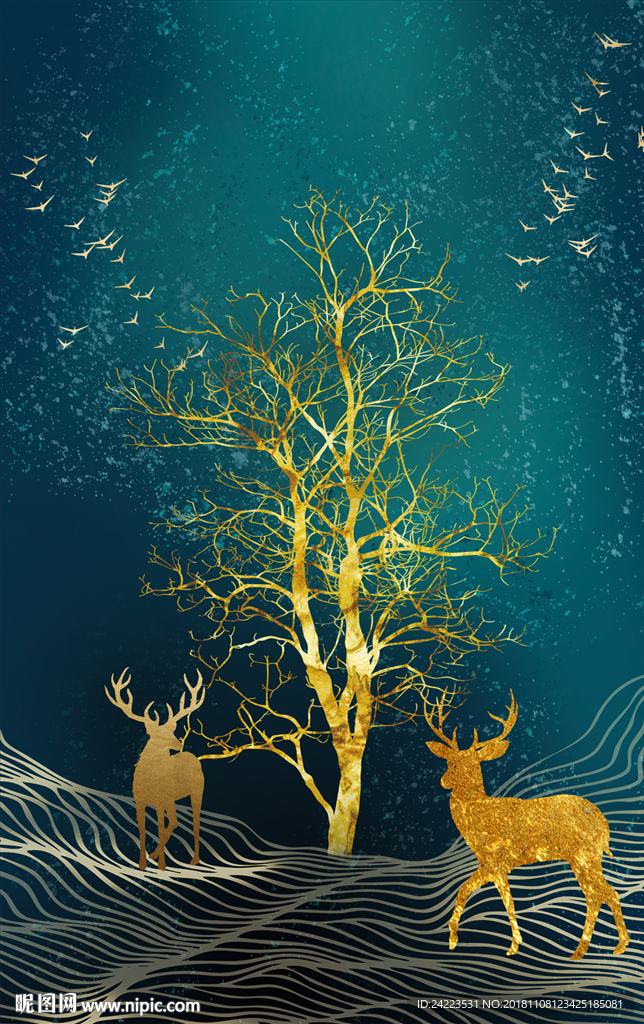 北欧飞鸟发财树麋鹿客厅装饰画