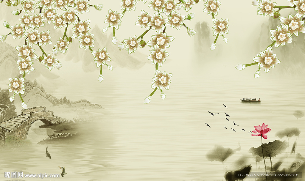 彩雕花卉中式山水画电视背景墙