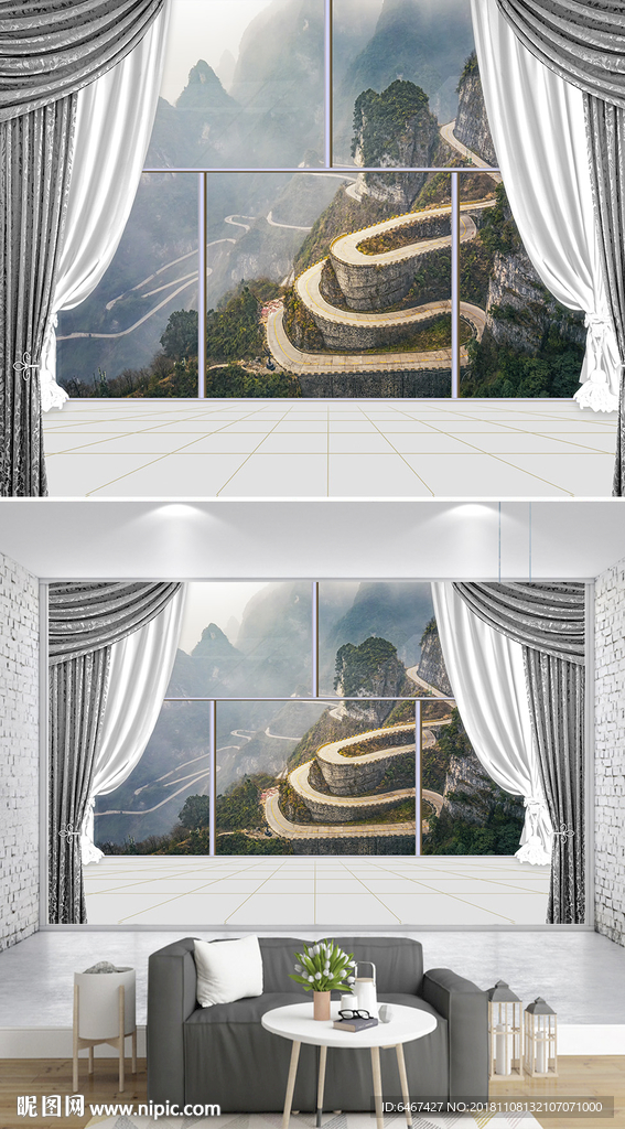 3D立体阳台窗户森林沙发背景墙