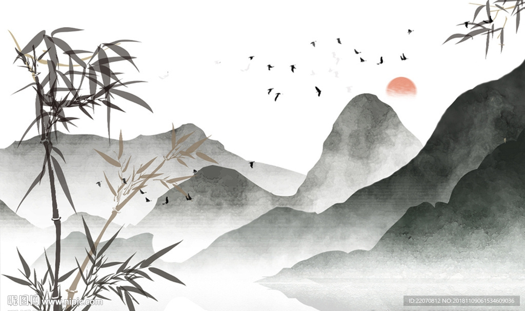 中式意境竹子山水飞鸟背景墙