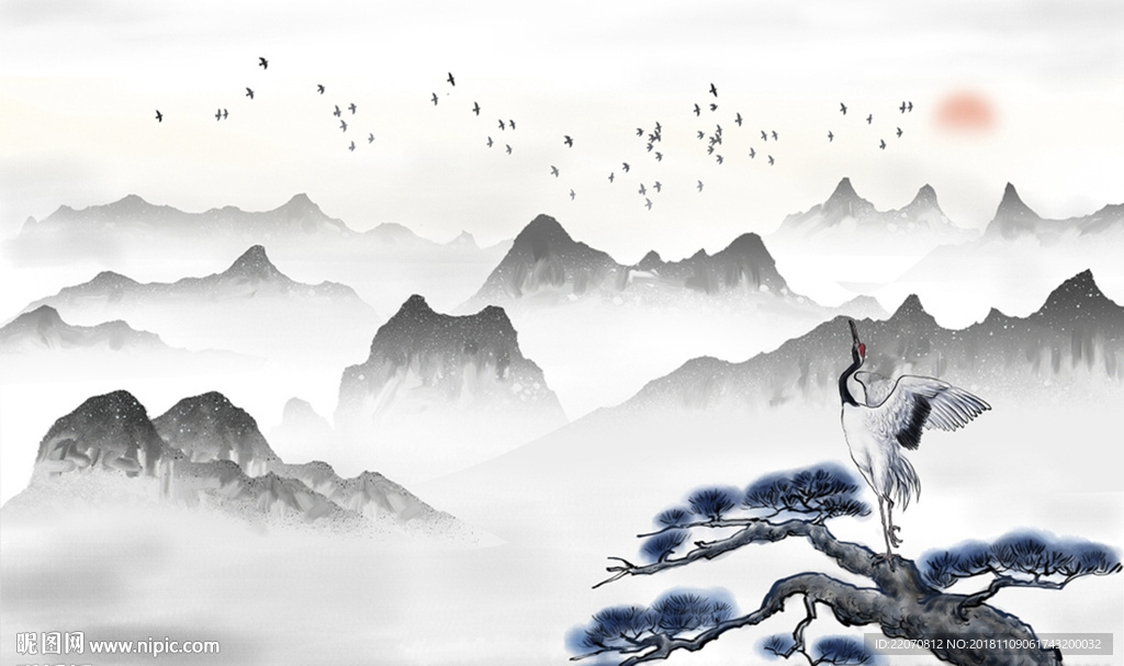 中式意境松树仙鹤山水飞鸟背景墙