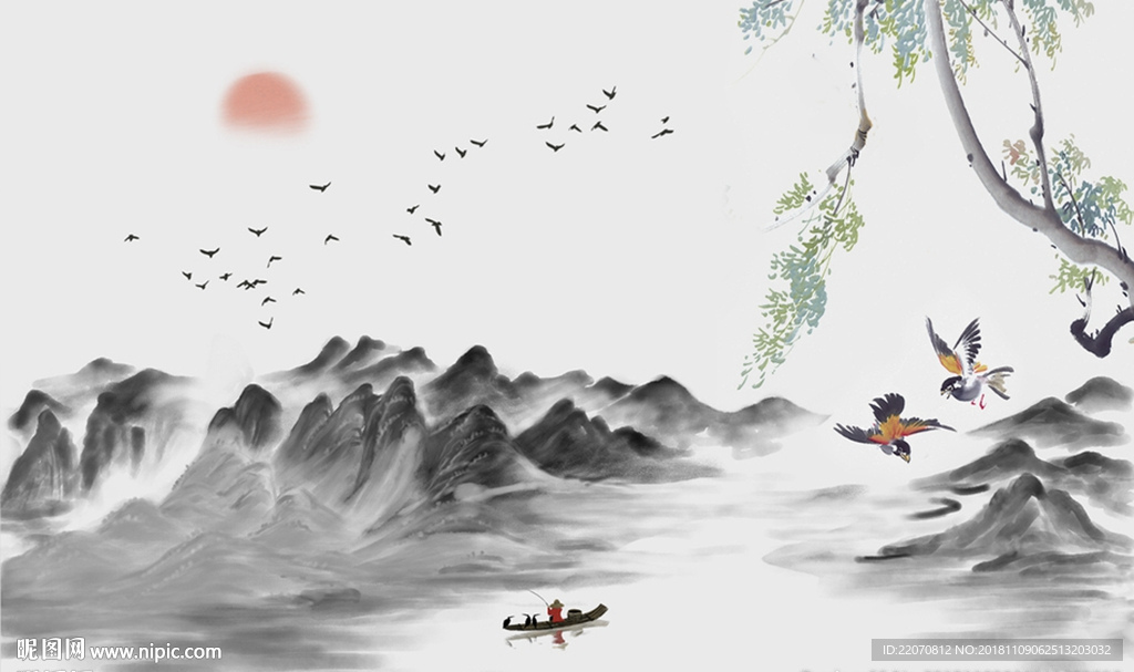 中式意境山水飞鸟背景墙