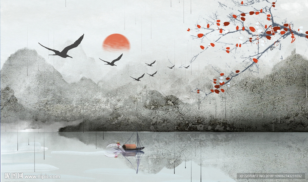 中式意境墙纹山水背景墙