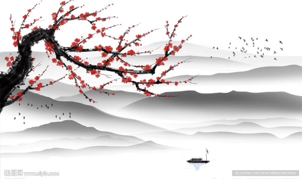 中式意境梅花山水飞鸟背景墙