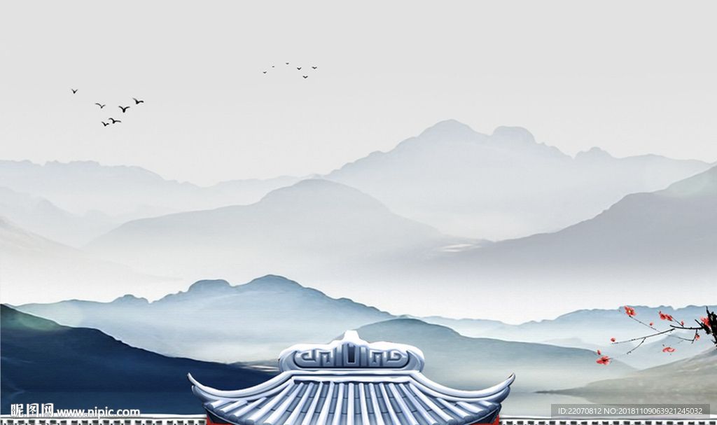 中式意境蓝色水墨远山屋檐背景墙